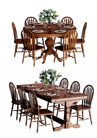 Traditional Wooden Dining Table Set With Chairs Plates Glasses And Flower Arrangement 3d model