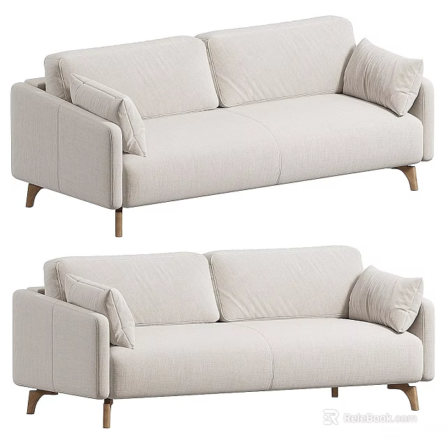 Modern Beige Fabric Two Seater Sofa With Comfortable Pillows And Wooden Legs 3d model 