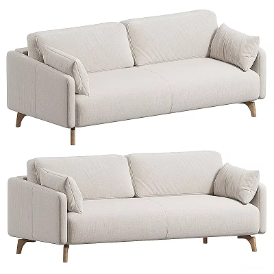 Modern Beige Fabric Two Seater Sofa With Comfortable Pillows And Wooden Legs 3d model
