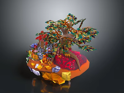 Vibrant Decorative Tree Sculpture With Colorful Leaves Shiny Gems And Orange Base 3d model