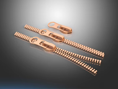 Copper Colored Metal Zippers With Unique Slider Designs And Fine Teeth Details 3d model