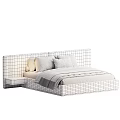 Modern Double Bed With Dark And Light Upholstered Headboard Bedside Table Pillows And Blanket