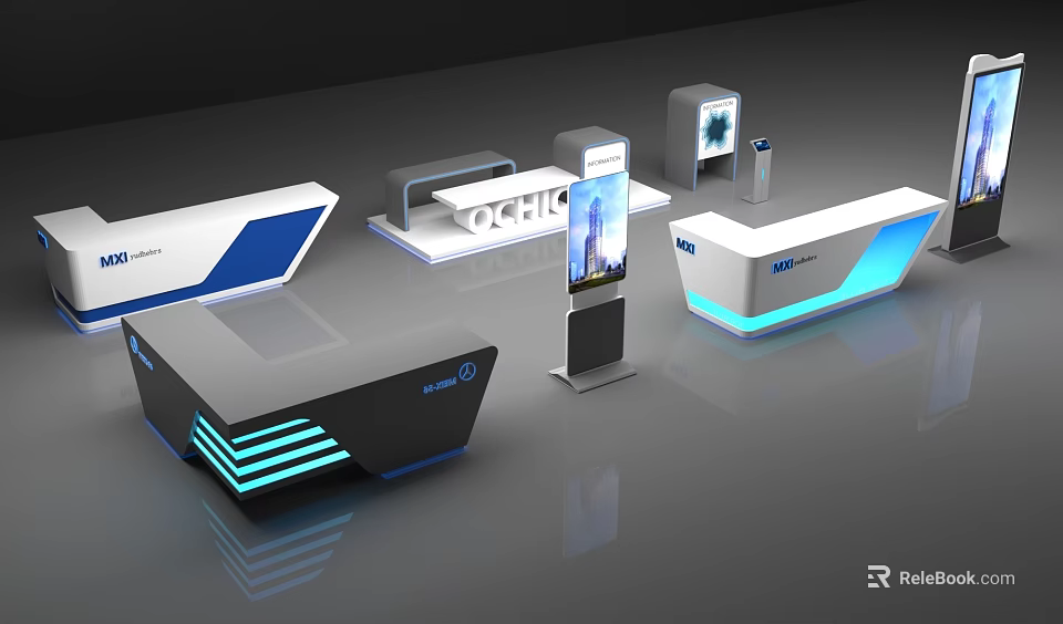 Modern Reception Desk Design With Blue LED Lighting And Sleek Geometric Panels 3d model 