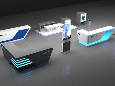 Modern Reception Desk Design With Blue LED Lighting And Sleek Geometric Panels 3d model