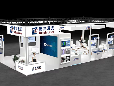 DelphiLaser Exhibition Booth Featuring White Main Structure Blue Screen And Displayed Laser Equipment 3d model