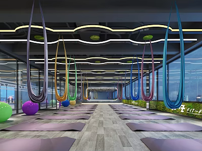 Modern Aerial Yoga Fitness Studio With Colorful Hammocks Yoga Mats And Exercise Balls 3d model