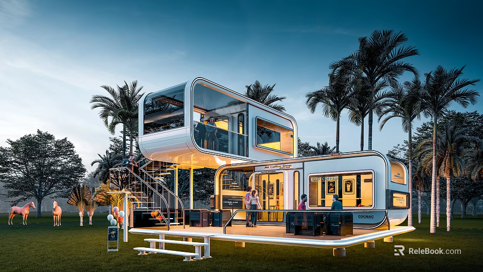 Stylish Modern Modular House Exterior With Palm Trees Lawn And Outdoor Terrace Staircase 3d model 