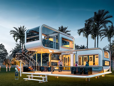 Stylish Modern Modular House Exterior With Palm Trees Lawn And Outdoor Terrace Staircase 3d model