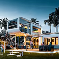 Stylish Modern Modular House Exterior With Palm Trees Lawn And Outdoor Terrace Staircase