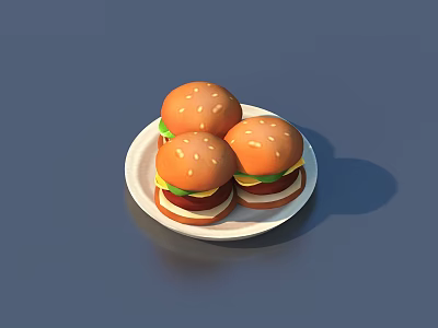 Three Delicious Hamburgers With Sesame Buns Fresh Lettuce On White Plate 3d model