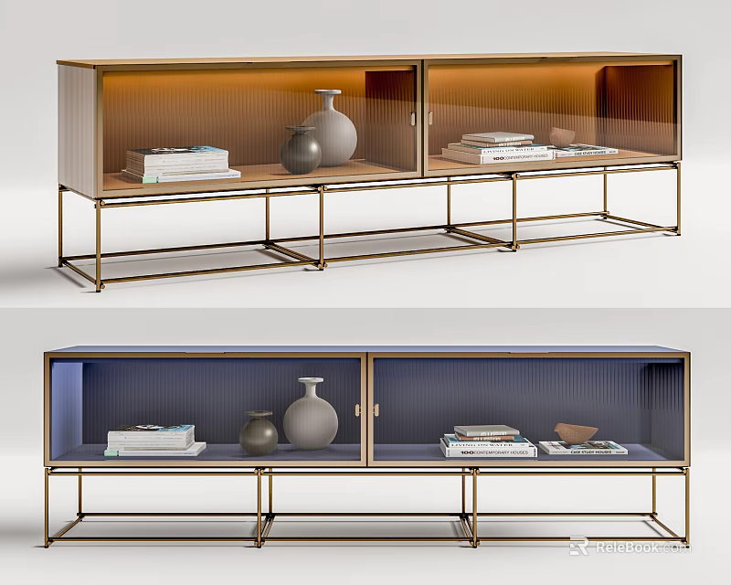 Modern TV Stand With Glass Doors Metal Frame Books And Decorative Vases 3d model 
