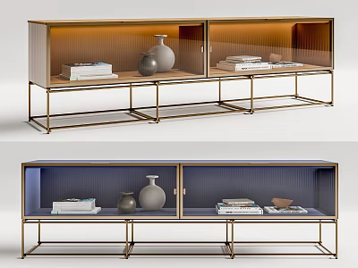 Modern TV Stand With Glass Doors Metal Frame Books And Decorative Vases 3d model