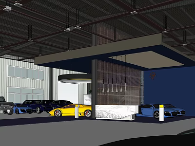 Modern Car Showroom Garage With Multiple Colored Cars And White Counter Structure 3d model