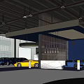 Modern Car Showroom Garage With Multiple Colored Cars And White Counter Structure