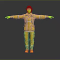 Firefighter In Yellow Fire Suit With Red Helmet And Yellow Gloves Arms Outstretched Dark Background