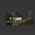Cartoon Scene with Small House Pine Trees Wooden Water Tower Winding Path and Stream