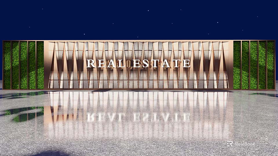 Elegant Real Estate Fence In Night Scene With Reflective Ground And Lush Greenery 3d model 