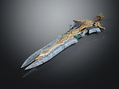 Ornate Fantasy Sword Weapon With Intricate Gold And Blue Carvings On Blade 3d model