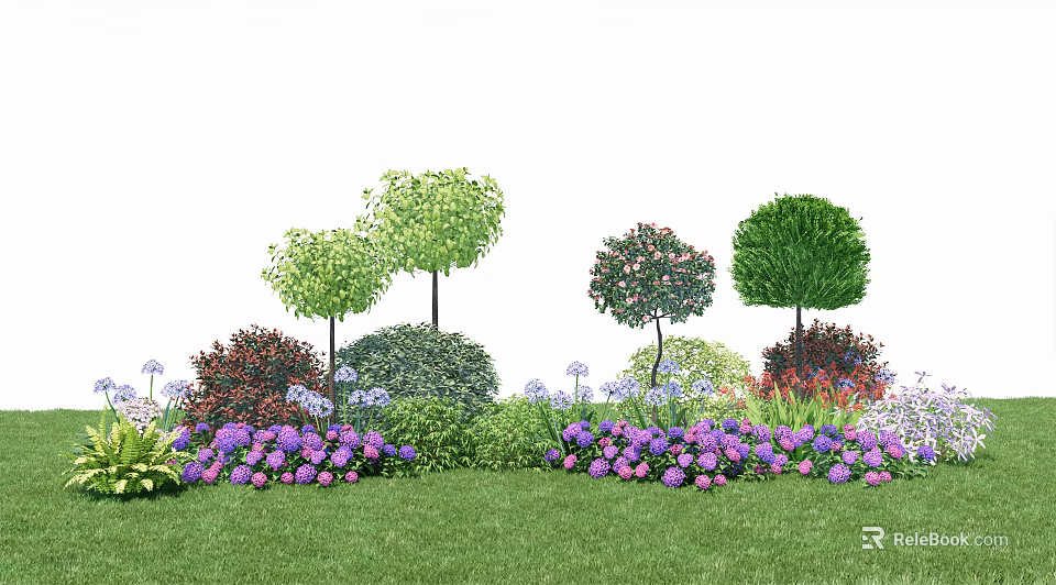 Colorful Garden Landscape With Various Flowers Bushes And Trees On Green Grass 3d model 
