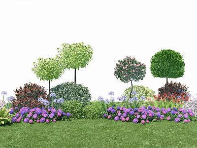 Colorful Garden Landscape With Various Flowers Bushes And Trees On Green Grass 3d model