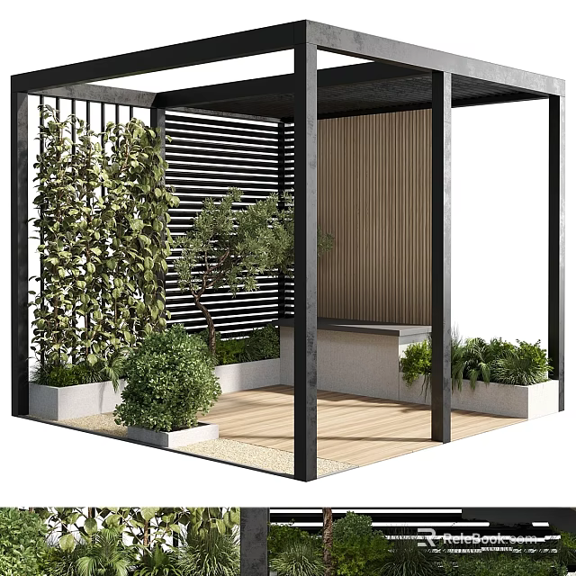 Modern Garden Feature Design With Slatted Screens Lush Green Plants Wooden Bench And Decking 3d model 