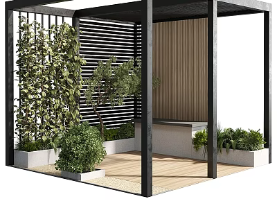 Modern Garden Feature Design With Slatted Screens Lush Green Plants Wooden Bench And Decking 3d model