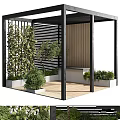 Modern Garden Feature Design With Slatted Screens Lush Green Plants Wooden Bench And Decking