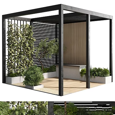 Modern Garden Feature Design With Slatted Screens Lush Green Plants Wooden Bench And Decking 3d model