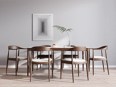 Modern Dining Table Set With Wooden Chairs Upholstered Seats And Abstract Wall Art 3d model