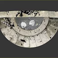 Weathered Stone Circular Basin Structure with Central Sphere and Scattered Cracked Fragments