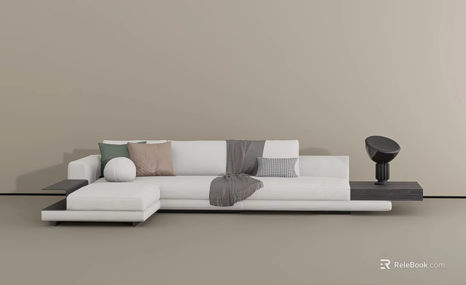 Modern White Sectional Sofa With Colorful Throw Pillows And Cozy Blanket 3d model