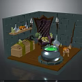 Enchanting Wizard Chamber With Stone Cauldron Purple Throne Brick Walls Bottles Pumpkins Chest And Broom