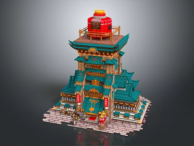 Traditional Chinese Multi tiered Tower With Green Roof Red Lanterns And Decorative Details 3d model