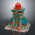 Traditional Chinese Multi tiered Tower With Green Roof Red Lanterns And Decorative Details