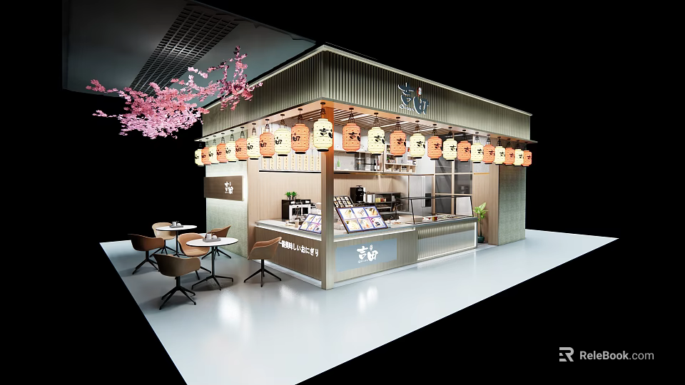 Traditional Japanese Restaurant With Cherry Blossom Lanterns Counter Seating And Menu 3d model 
