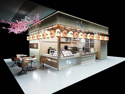 Traditional Japanese Restaurant With Cherry Blossom Lanterns Counter Seating And Menu 3d model