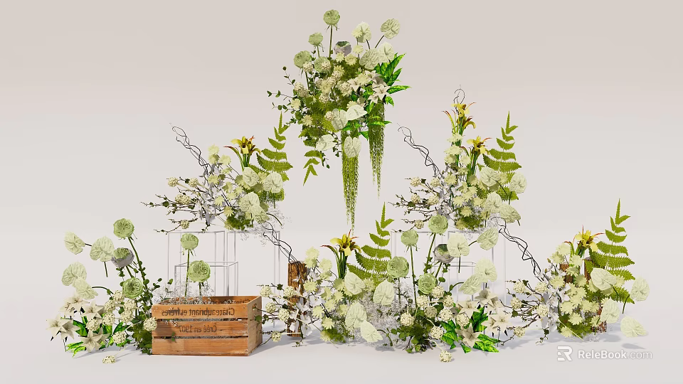 Elegant Natural Floral Display with White Green Flowers Vines Ferns and Wooden Decor 3d model 