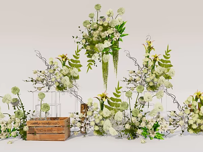 Elegant Natural Floral Display with White Green Flowers Vines Ferns and Wooden Decor 3d model