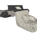 Comfortable Gray and Beige Lazy Sofa with Striped Cushions and Blanket
