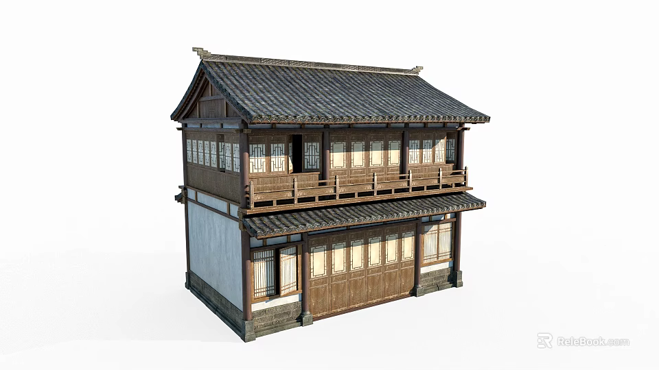 Ancient Traditional Architecture With Two Story Wooden Structure And Tile Roof 3d model 