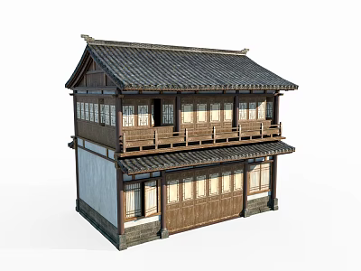 Ancient Traditional Architecture With Two Story Wooden Structure And Tile Roof 3d model