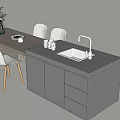 Dining Table Set with White Chairs Wooden Legs Black Cabinets Sink and Tableware