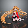 Game Anime Character With Long Golden Hair Red Coat Black Skirt Kneeling With Cards Around