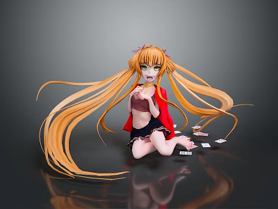 Game Anime Character With Long Golden Hair Red Coat Black Skirt Kneeling With Cards Around 3d model