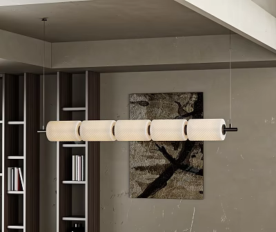 Modern Linear Pendant Light in Living Room With Bookshelf and Wall Painting 3d model