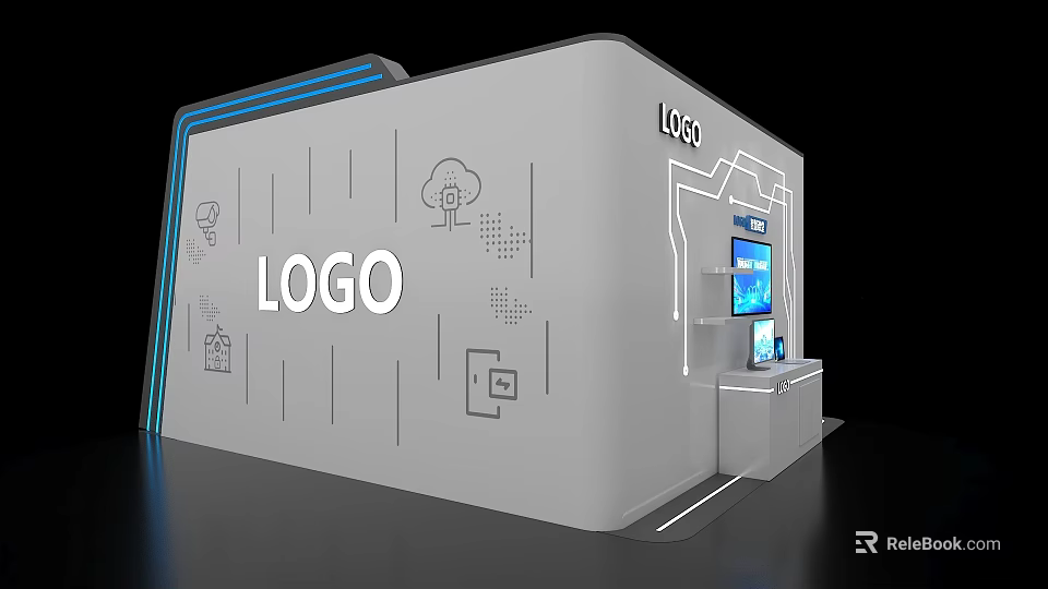 White Modern Exhibition Wall Featuring LOGO Digital Icons Cloud And Display Stand Screen 3d model