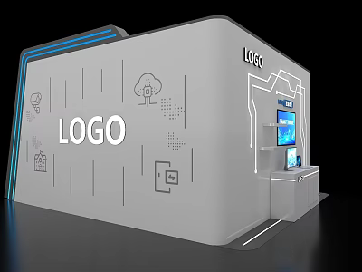 White Modern Exhibition Wall Featuring LOGO Digital Icons Cloud And Display Stand Screen 3d model