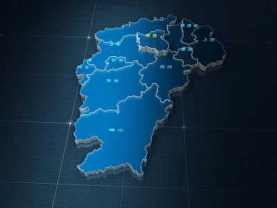 Detailed 3D Blue Administrative Map with Marked City Names and Divisions 3d model