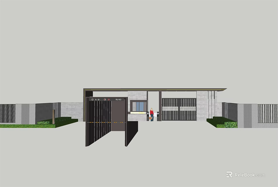 Modern Entrance Gate With Black Metal Grille And Surrounding Walls For Residential Building 3d model 