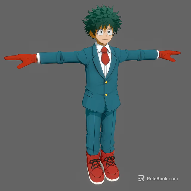 Anime Game Character in Blue Suit with Red Gloves Red Boots Green Hair Arms Outstretched 3d model 